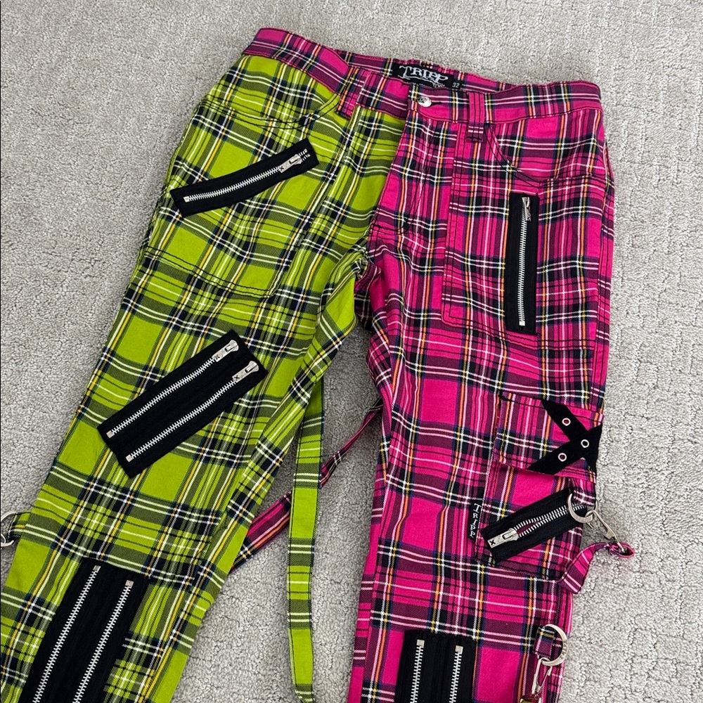 Tripp NYC pink green plaid split pants bondage suspended unisex straight leg - Picture 2 of 8